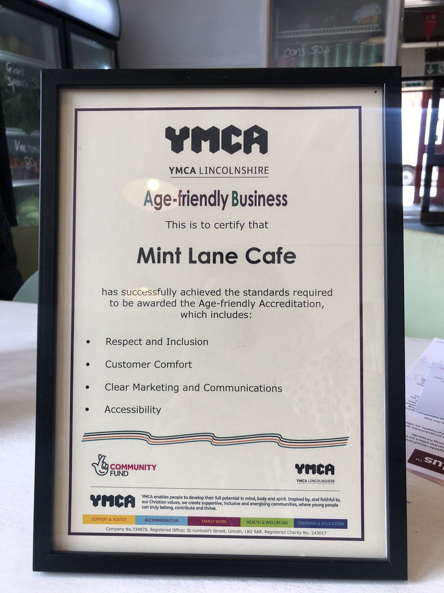 Well this is a lovely award to receive. And the first in the city too. To have our space recognised as inclusive and respectful to our older visitors. 💚✨ thank you @gracetompkinsl2 @YMCALincs #agefriendly #combatsocialisolation #lincsconnect