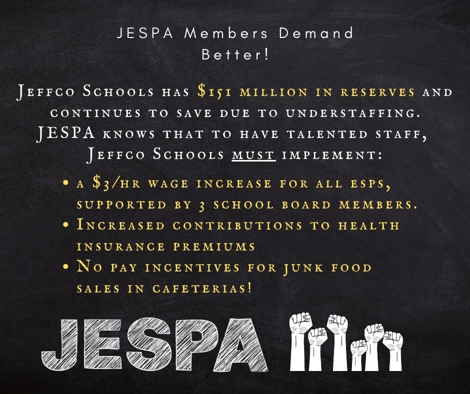 JeffcoESPA's tweet image. @jeffcoschoolsco must bargain good faith with our union and pay ESPs like the professionals they are. If working families can’t afford to live in Jeffco, these professionals will continue to leave and our students &amp;amp; community will lose.  #RedFlagJeffco  #UnionStrong