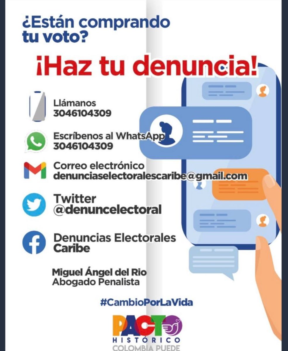 ColHumanaEuropa's tweet photo. Que la dignidad se haga costumbre! Dencia los delitos electorales. Ningún jefe puede obligarte a votar por su candidato o candidato. Quienes compran votos van a la carcel. No más silencio, complicidad y temor! #CambioENPrimera https://t.co/pvRuvlqnUO
