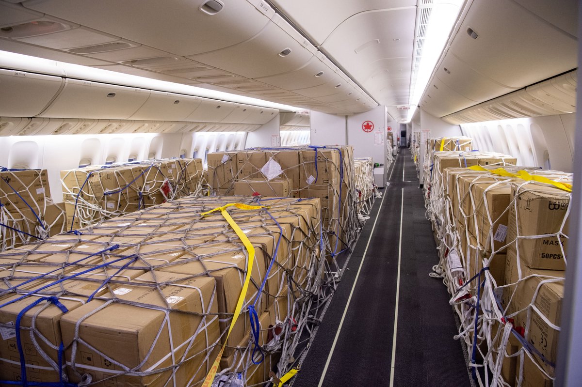 AirCanada's tweet photo. AC7272 on May 14 was our final cabin-loaded cargo flight on temporarily reconfigured planes. Hundreds of flights were operated on 777s &amp; A330s as we innovated to keep supply chains moving during COVID. The aircraft are being reconverted to fly customers. 
https://t.co/TtW4nLdxv6 https://t.co/tWgWwsTZbK