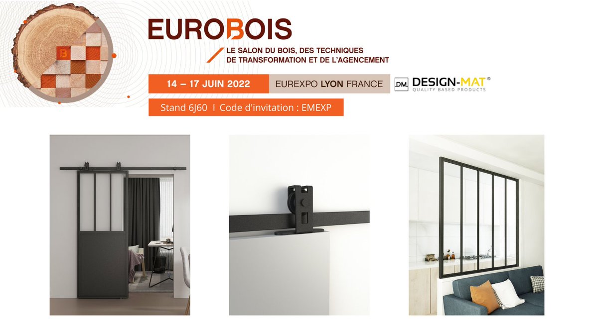 designmat1's tweet photo. EUROBOIS 2022 🗓️

📍 Rendez-vous du 14 au 17 juin 2022 à Lyon pour l'édition 2022 du salon 
@Eurobois2022.

Nous serons présents au stand 6J60 pour vous faire découvrir notre porte coulissante Bario, le rail Quadrat 1 ainsi que notre verrière Bario.

#eurobois #Lyon #tendance https://t.co/6G6W8X7IXm