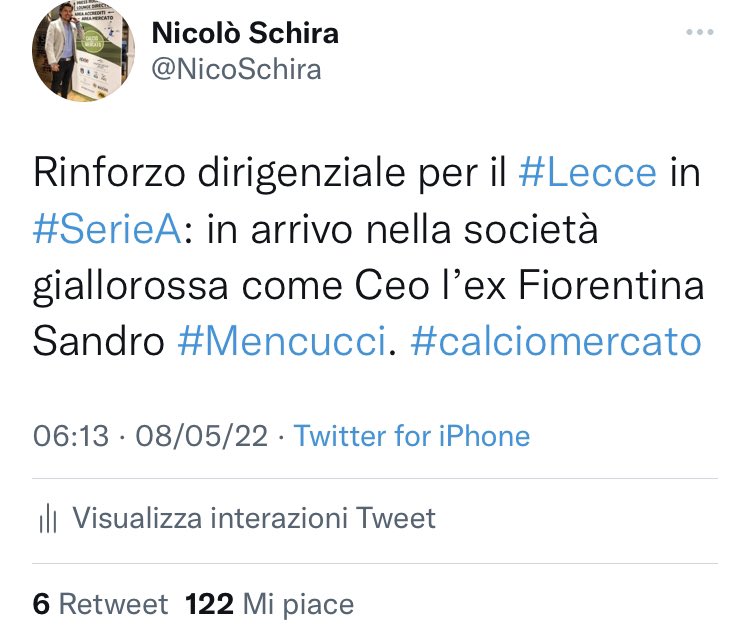 NicoSchira's tweet photo. Ora è ufficiale! L’ex Fiorentina Sandro #Mencucci è il nuovo Ceo del #Lecce. Tutto confermato dallo scorso 8 maggio! #calciomercato https://t.co/h3pz2foIJt