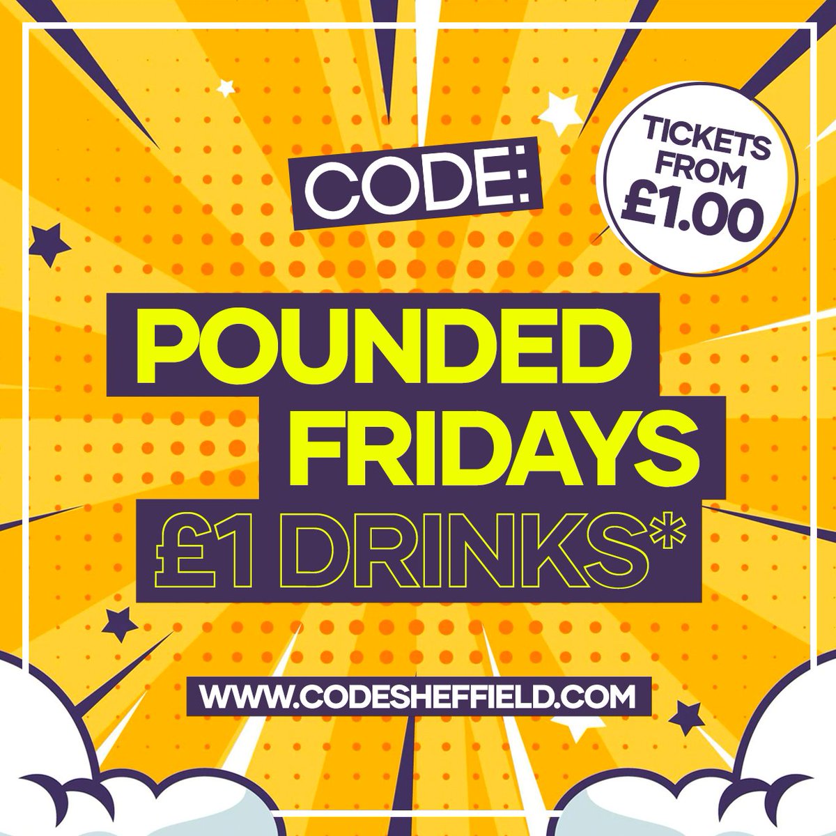 POUNDED IS BACK! 🤩

Get ready as we launch FRIDAYS at CODE! 🙌

With £1 drinks on a Friday night, what's not to love? Gather your squad &amp; grab those early £1 tickets! 🙋‍♀️

All drinks are £1... YES YOU READ THAT RIGHT!

What are you waiting for?

codesheffield.com/whats-on/friday