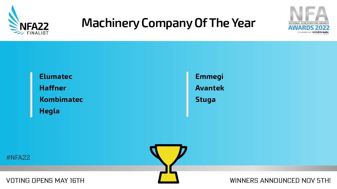 National Fenestration Awards (@natfenawards) on Twitter photo Reminder: Shortlist for Machinery Company 2022! <a href="/elumatecUK/">elumatec</a> <a href="/HaffnerLtd/">Haffner</a> <a href="/Kombimatec/">Kombimatec Machines</a> <a href="/ukhegla/">HEGLA</a> <a href="/emmegi/">Emmegi</a> <a href="/AvantekTweets/">Avantek Machinery</a> @StugaMachinery #nfa22 Reminder: Shortlist for Machinery Company 2022! <a href="/elumatecUK/">elumatec</a> <a href="/HaffnerLtd/">Haffner</a> <a href="/Kombimatec/">Kombimatec Machines</a> <a href="/ukhegla/">HEGLA</a> <a href="/emmegi/">Emmegi</a> <a href="/AvantekTweets/">Avantek Machinery</a> @StugaMachinery #nfa22