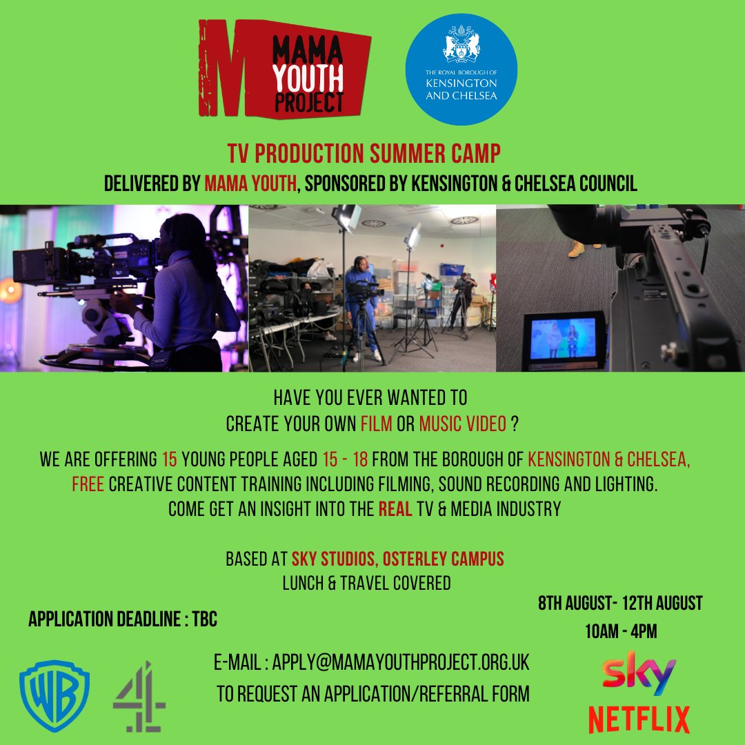 Do you want to create your own film or music video?

Check out the new TV Production Summer Camp by <a href="/MAMAYouth/">MAMA Youth Project</a> offering 15-18 year olds in <a href="/RBKC/">Royal Borough of Kensington and Chelsea</a> training in creating creative content 🤩

To apply email: apply@mamayouthproject.org.uk