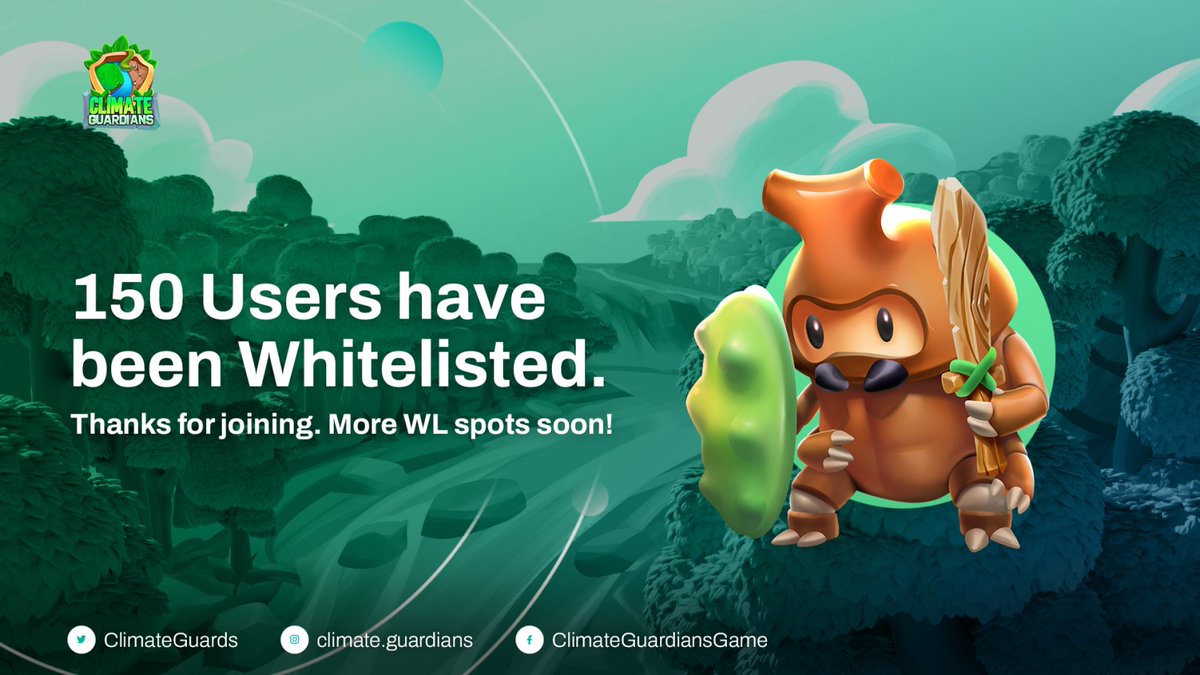 24 hours = 150 Climate Guardians Whitelist Spots Filled 🔥

The Team would like to express how thankful we are to everyone that joined our family ⚔️

Keep your eyes out for more ways to get WL 👀

More info on the WL Event:
➡️ bit.ly/3wuztAk

#Celo $CELO #Whitelisted