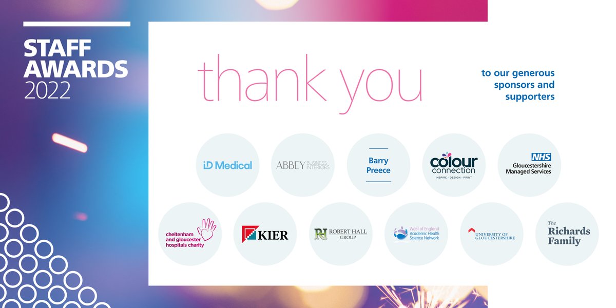 gloshospitals's tweet photo. Ahead of our #StaffAwards events this week, we'd like to thank these wonderful people for their support: @CGHospCharity @IDMedical @kiergroup @Abbey_Interiors @GMS_facilities @uniofglos @WEAHSN @Colour_Connect @RHBE_Ltd the Richards Family and Barry Preece #Thankyou 💙 https://t.co/9SEyVmMPiW
