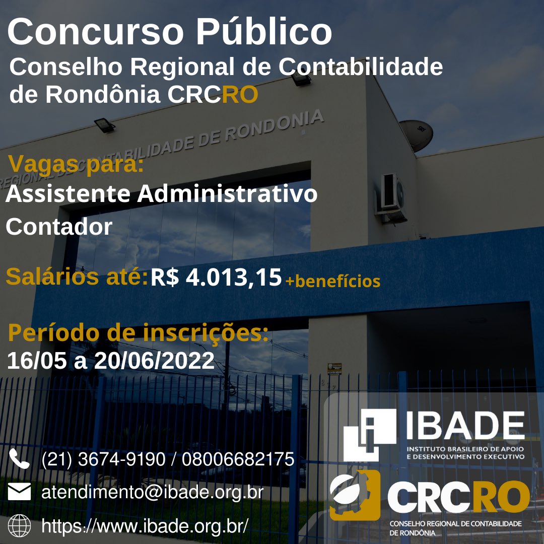 IBADEconcursos's tweet photo. Informamos que as inscrições para o Concurso Público do Conselho Regional de Contabilidade de Rondônia CRCRO estão abertas.
Faça sua inscrição no site do IBADE.
.
.
#concurso #concursopublico #concursopublicos #concursospublicos #crc #contabilidade #rondonia #rondônia #emprego https://t.co/5e1PG1Fu1X