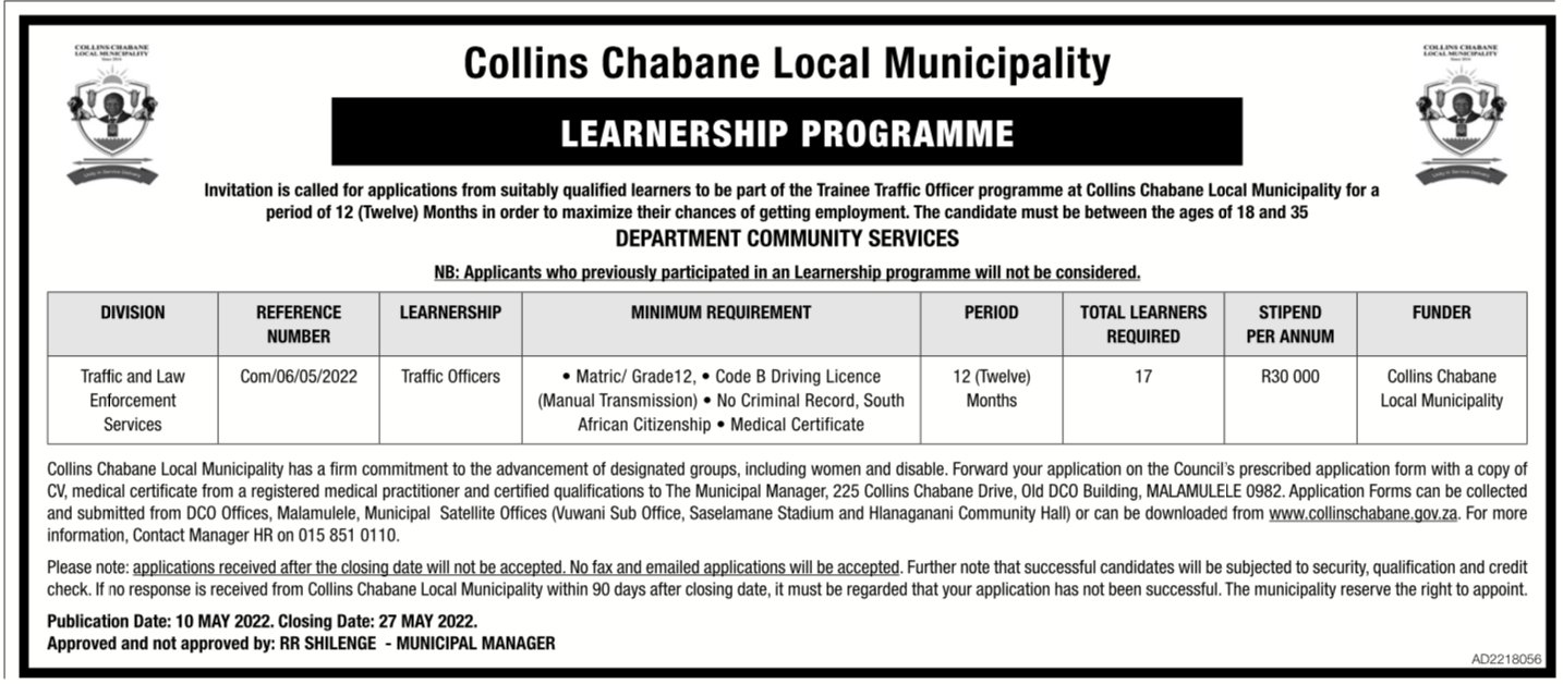 NYDARSA on Twitter: "The Collins Chabane Municipality invites applications  from South African unemployed youth to apply for the Traffic Officers  Learnership Programme 2022 / 2023. Closing Date: 27 May 2022 Please see