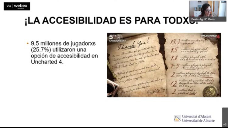 Avanzamos con @Belen_Translate, quien presentó el tema #VideojuegosAccesibles y mencionó que el foco ahora está en diseñarlos pensando en el usuario final. Algunos estudios han revelado que los jugadores suelen utilizar subtítulos mejorando su experiencia de usuario.