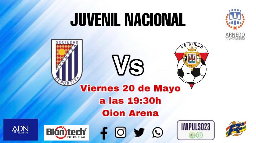 JUVENIL NACIONAL 

<a href="/SDOyonesa/">SD Oyonesa</a> 🆚 <a href="/CDArnedo/">CD Arnedo</a> 

Viernes 20 de Mayo a las 19:30h

<a href="/aytoarnedo/">Ayuntamiento Arnedo</a> 
#VamosArnedo #CanteraArnedo #UnPuebloUnEquipoUnaIlusion