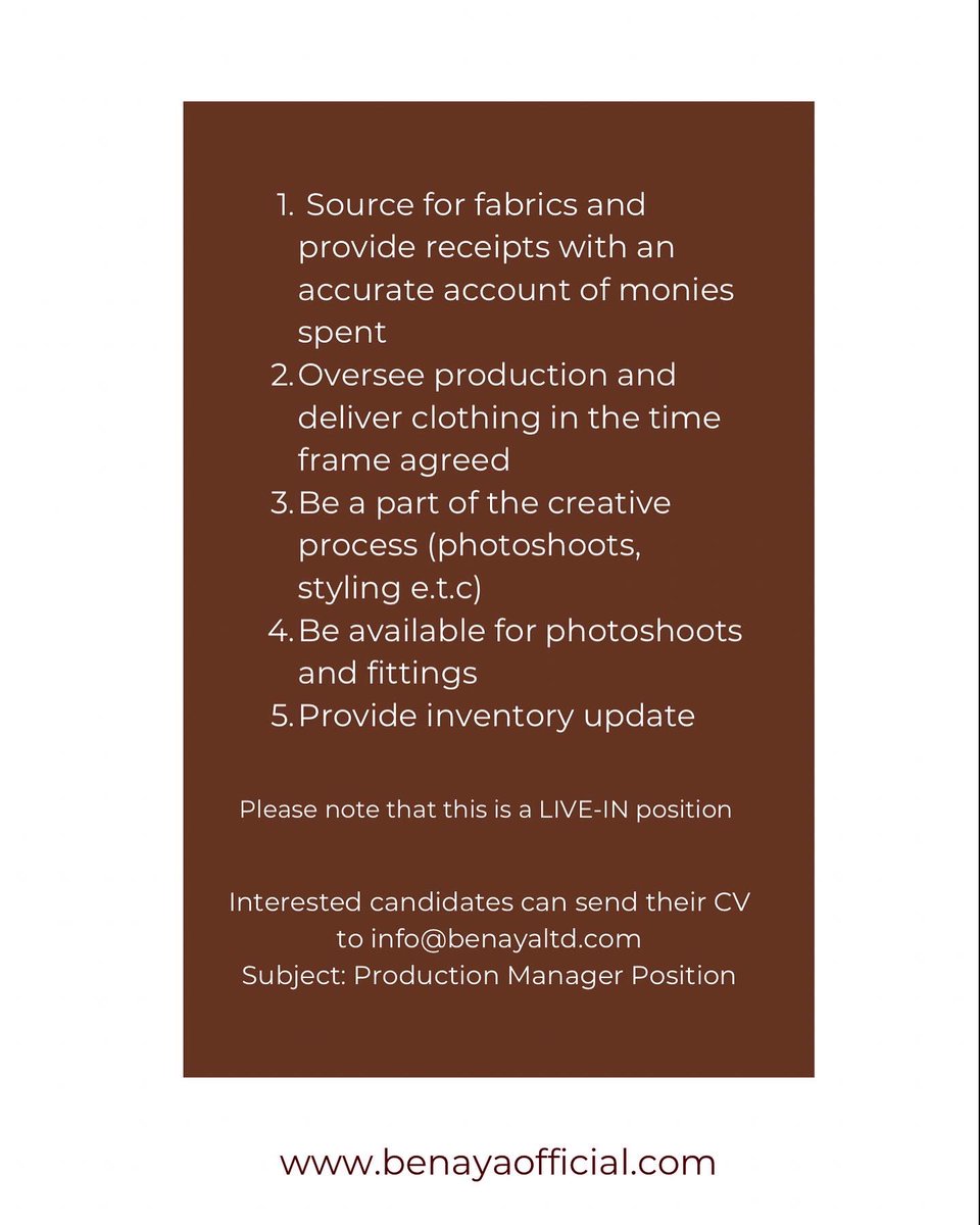 benaya_official's tweet photo. We are hiring!
Are you an experienced Production Manager and you think you will be a good fit?
See second frame for details
#BeNaya #BeHired https://t.co/v9yPNdECm2
