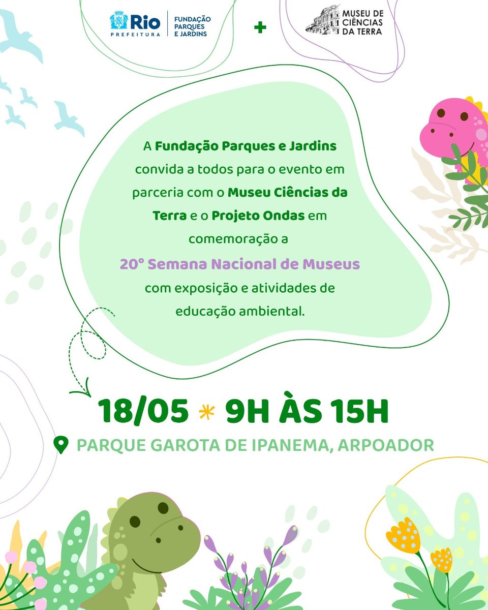 Nesta quarta estão todos convidados pra um evento de educação ambiental para a criançada.

Terá exposição de fósseis de dinossauro, geologia, mudas de plantas e jogos sobre os animais que habitam os parques da cidade.

O evento é gratuito e aberto ao público.

 #PrefeituraRio22