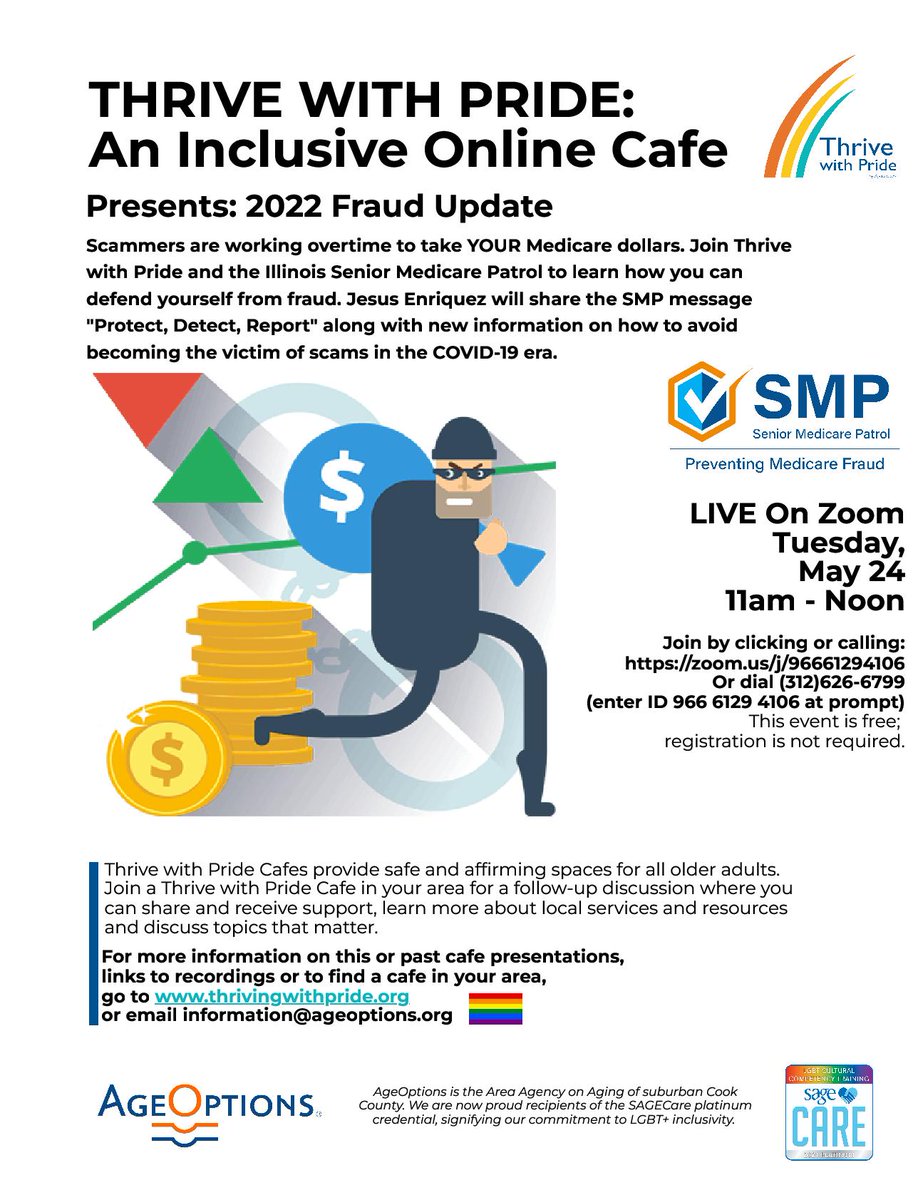 KYC_egv's tweet photo. Join @AgeOptions & the IL Senior Medicare Patrol next week on May 24th @ 11AM to learn how you can spot & prevent Medicare fraud using the steps #ProtectDetectReport. Join the Thrive with Pride Cafe here: https://t.co/Grw8pilm6z #OlderAdults #PreventMedicareFraud https://t.co/4UXfrXjL03