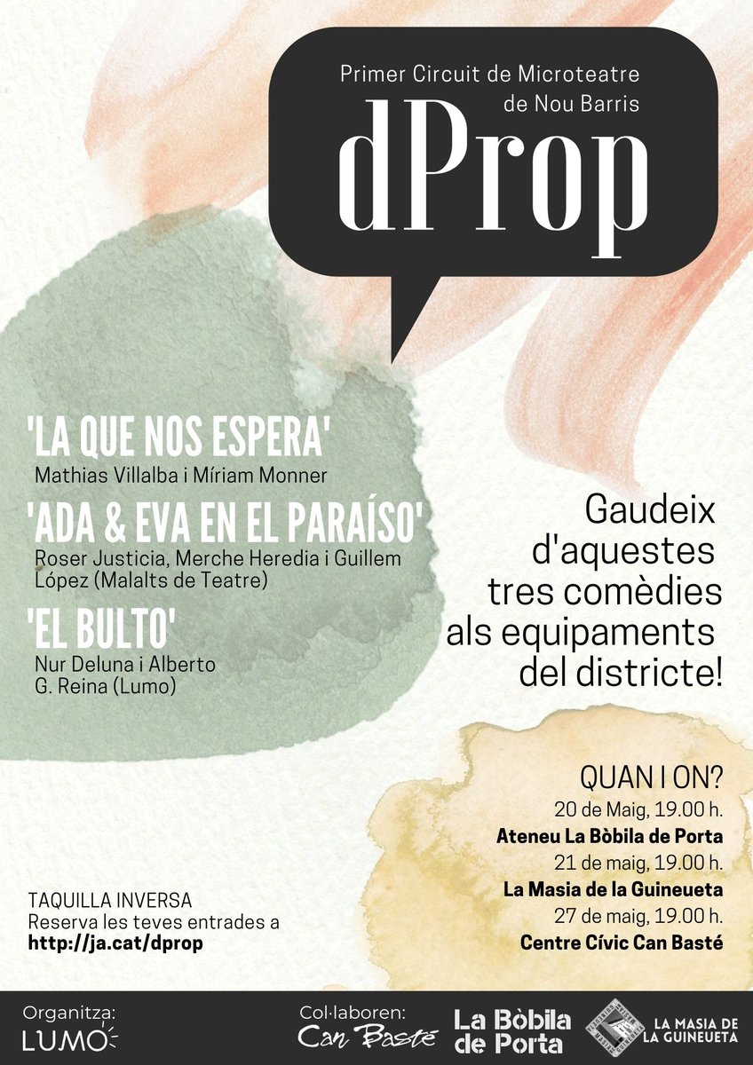 Bcn_NouBarris's tweet photo. #DProp és el 1r Circuit de Microteatre de #NouBarris, que us ofereix 3 oportunitats per gaudir 3 obres en 3 equipaments del districte.

🎭 Aquesta setmana us espera a La Bòbila de #Porta (dv. 19 h), i a la @MasiadelaGuine (ds., 19 h). Més info i reserves: https://t.co/Foqt2uj4v7 https://t.co/PxkjXsi5wU