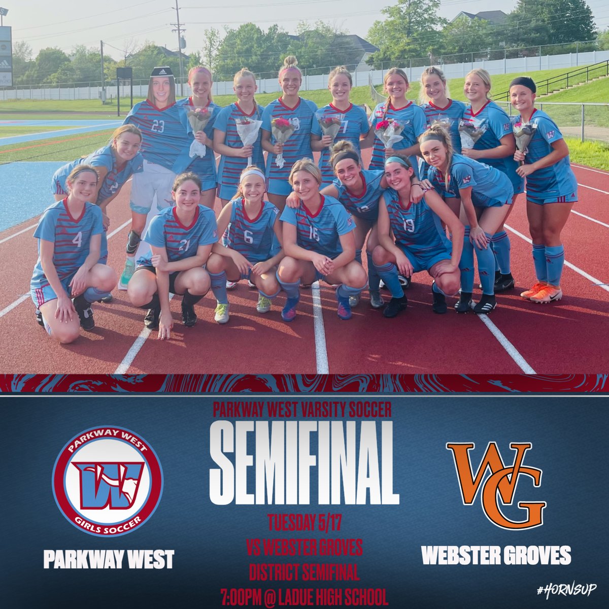 It's GAMEDAY!!! The Varsity Longhorns take on Webster Groves in District Semifinal play tonight at 7:00pm.  Game will be held at Ladue High School.  $5 admission #HornsUp