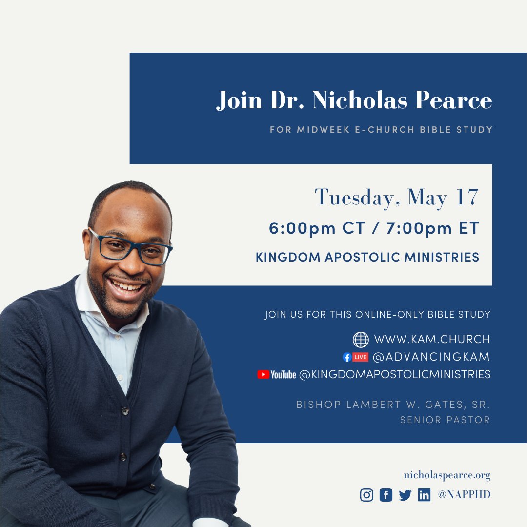Join me TONIGHT at 6pm CT/7pm ET as we teach the midweek Bible Study for @AdvancingKAM &amp; our dear <a href="/BishopLWGatesSr/">Lambert Gates Sr</a>. Meet us in the e-church via KAM's Facebook page or YouTube channel. #KAM100 #yearofexpectancy