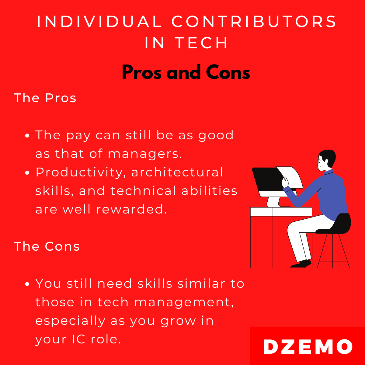 DzemoRecruiting's tweet photo. Back to the IC...Individual Contributor series.
What really are the pros and cons of being an IC?
See graphic #individualcontributor #engineering #tech #career #growth #management #like #people https://t.co/j9UmmLLjud