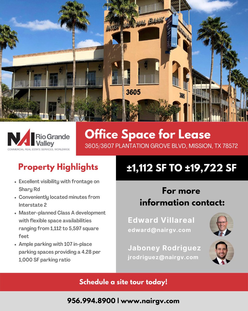 nairgv's tweet photo. OFFICE SUITES FOR LEASE |  Sharyland Financial and Marketing Center is a Class A office building located in the heart of the Sharyland Plantation development located in Mission, Texas. 

For more information, contact Edward Villareal or Jaboney Rodriguez at: (956) 994-8900 https://t.co/krndaBevZi
