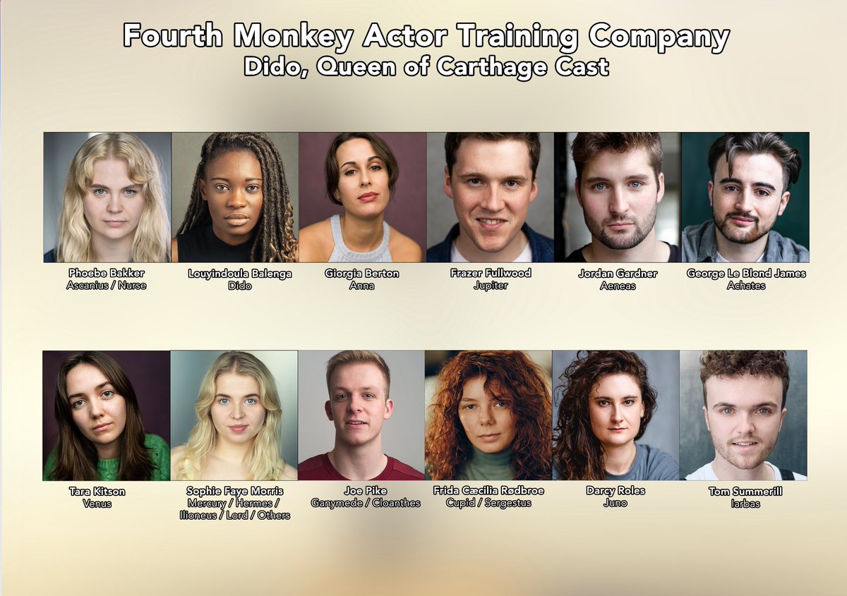 Introducing, the first of four Classical Season Showcase casts, the cast of DIDO, QUEEN OF CARTHAGE ☁️

Tickets and Industry enquiries 👇fourthmonkey.co.uk/performance/bo…

📆
16/06/22 19:30 
17/06/22 19:30  
18/06/22 16:00 &amp; 19:30