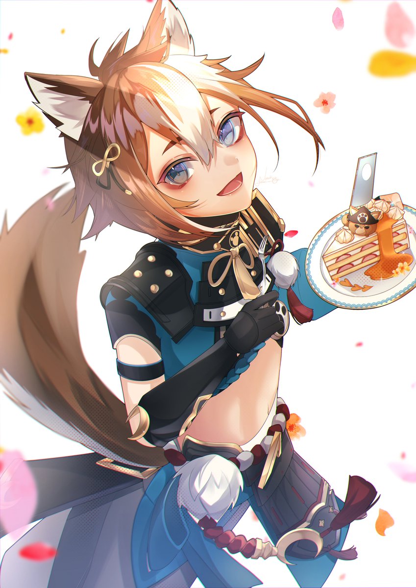 gorou (genshin impact) 1boy animal ears male focus tail food holding cake  illustration images