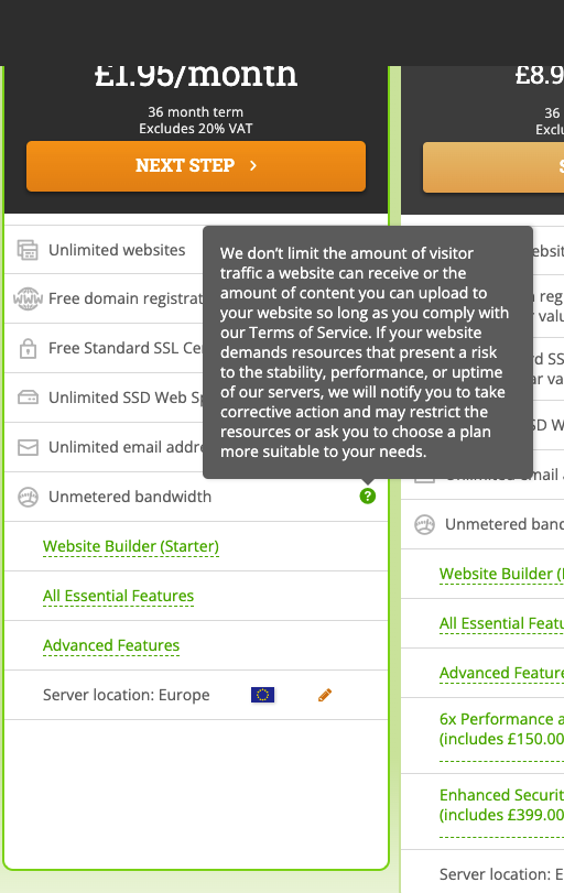 burf2000's tweet photo. So @HostPapa is trying to royally screw me over so I went back to see where these magical limits are for unlimited hosting!  No link to T&amp;C and that tiny green icon is it!  Tons of people have the same experience! https://t.co/I5xDOr8u9n