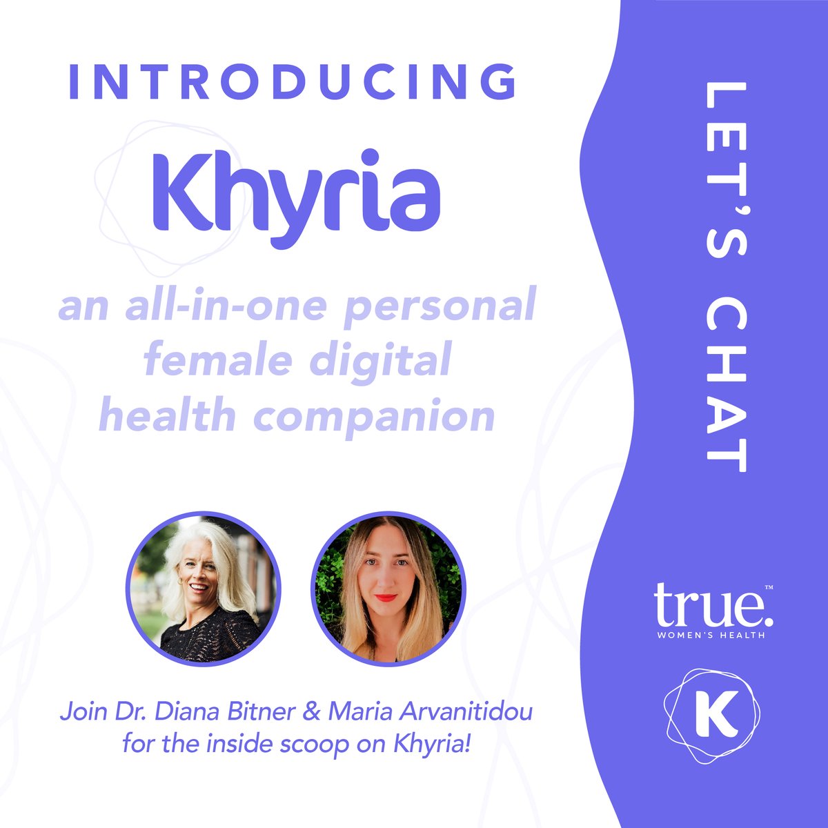 truewomenhealth's tweet photo. You won’t want to miss this episode of Let’s Chat with  @bitnermd  &amp; Maria Arvanitidou! They will be introducing us to  @Khyria_Health  a new digital tool that will empower #women through #midlife #menopause, &amp; beyond. Tomorrow at 7PM: https://t.co/OE6p3S0HxC #digitalhealth https://t.co/VfY7mpQaS1