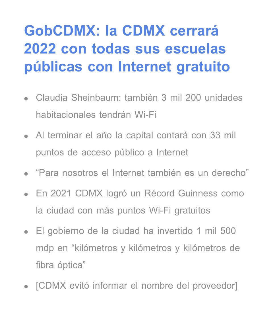 HoyenTelecom's tweet photo. Internet gratuito de @GobCDMX en escuelas al 2022 EXHIBE MAL GOBIERNO y populismo:
Es sin «CFE Telecom e Internet para Todos» y sin #LaRedCompartida, de @AltanMx.

Además: @ClaudiaShein es opaca en evitar precisar proveedor, ¿es el que recibió 543 contratos por 11.1 mil mdp? https://t.co/NXt6Du4VRi