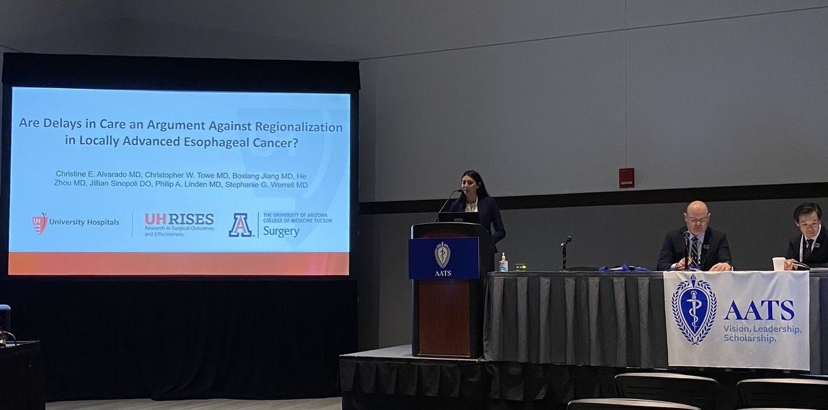 Delaying esophagectomy up to 12wks for regionalization, prehab, or feeding tube does NOT impact overall survival. Delaying for care at academic centers even improves survival! Superstar resident @CAlvaradoMD gave a terrific talk @AATSHQ @WomenInThoracic @UHCTSurgery @UofAZSurgery