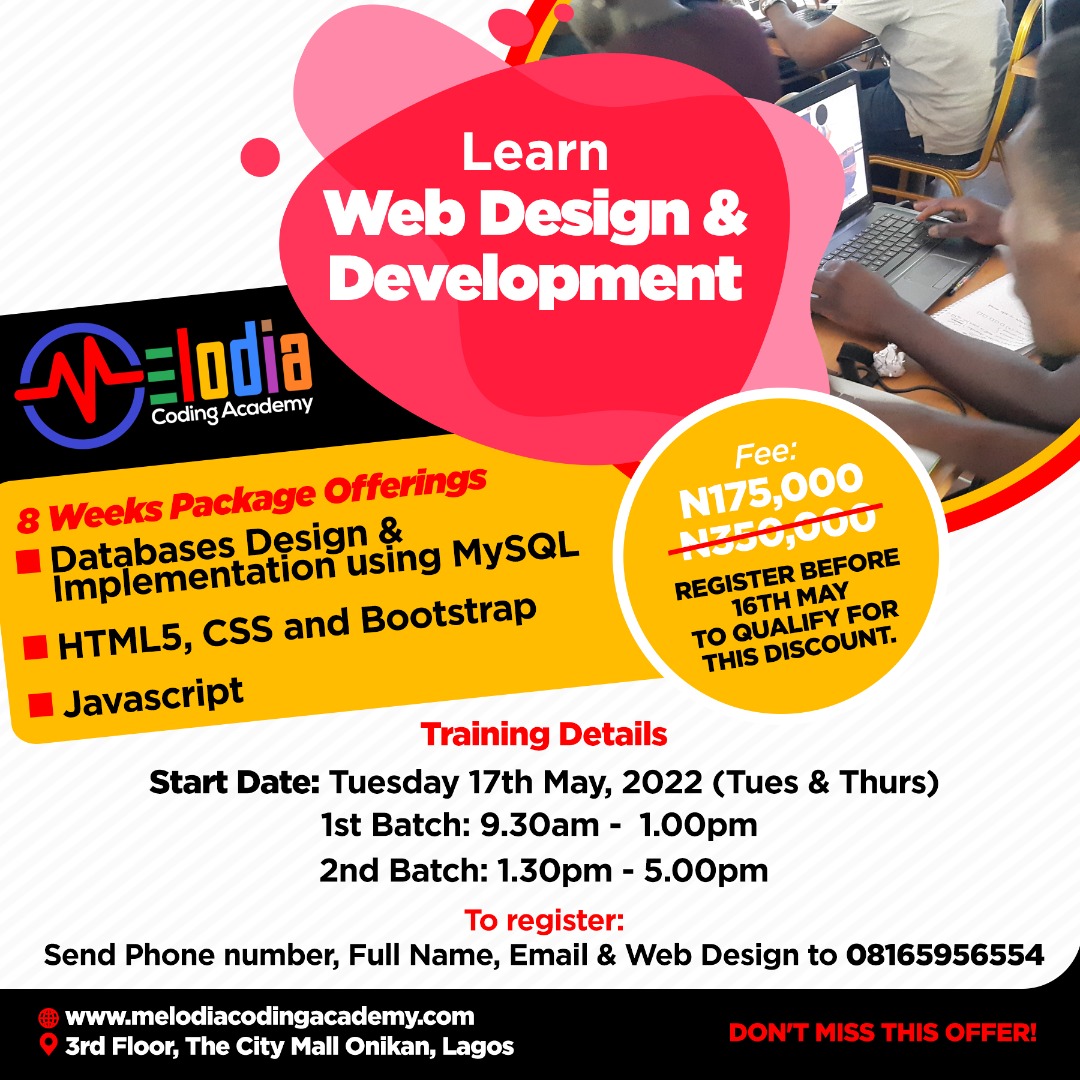 MelodiaCoding's tweet image. Training has already begun but it's not too late to join us.
Send us a dm now, or call the phone number in the flyer below.
Grab this exclusive offer now!
#codinglife #codingacademy #programming #learninganddevelopment
#webdevelopment