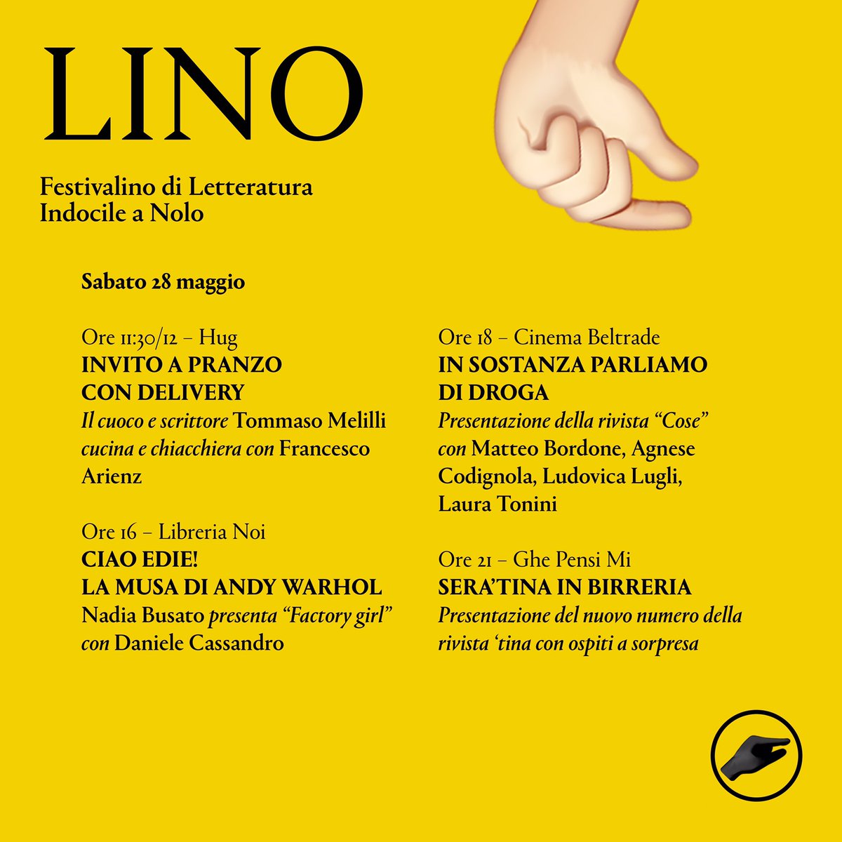 Rifo! Seconda giornata di Lino! <a href="/tommasomelilli/">tommaso melilli</a> cucina letteratura! @d_cassandro esplora un libro su Edie musa tossica! <a href="/ilpost/">Il Post</a> ci spiega le droghe! <a href="/MatteoBBianchi/">Matteo B. Bianchi</a> fa esordire nove persone nella narrativa!