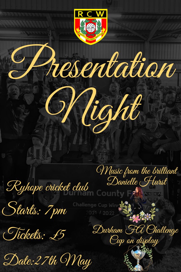 🌟 PRESENTATION NIGHT🌟

Come celebrate with the team on Friday 27th May at Ryhope CC!

Get your hands on the Durham Challenge Cup and be entertained by County Durham's Danielle Hurst!

Tickets can be bought from the link below or at Ryhope Cricket Club!

fatso.ma/VRqz