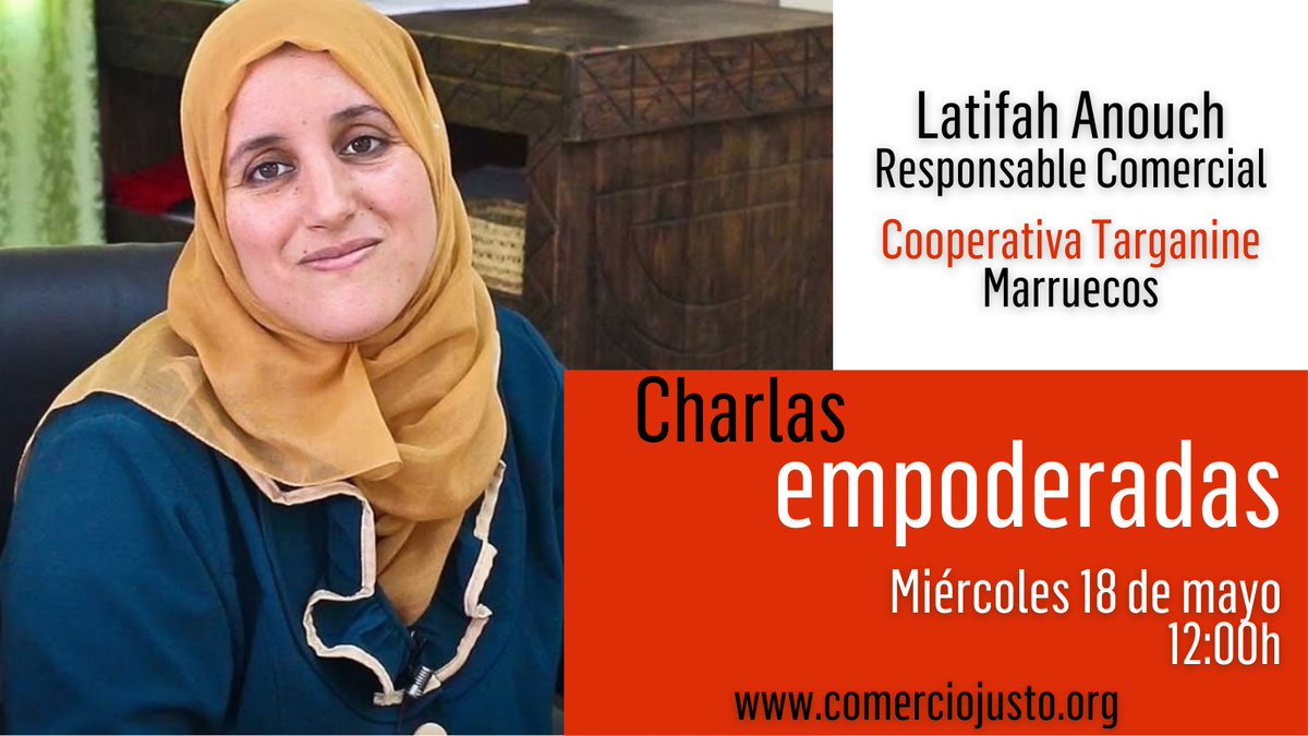 CEComercioJusto's tweet photo. ¿Quieres conocer a Latifah? Trabaja en Targanine, cooperativa productora de #aceitedeargán de #ComercioJusto en #Marruecos. Mañana a las 12:00h charlaremos con ella y conoceremos de qué forma esta alternativa contribuye a la #igualdaddegénero en su región.
#CharlasEmpoderadas 🧵 https://t.co/71afes0S3A