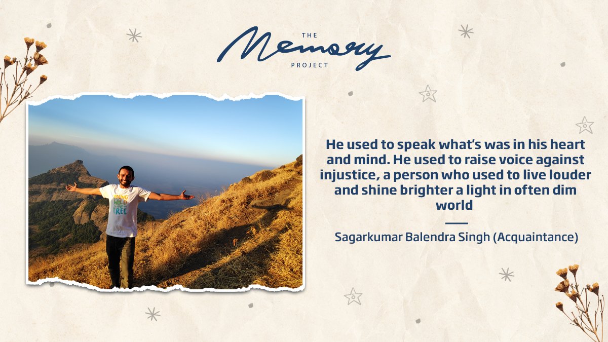 HDFCLIFE's tweet image. The Memory Project | Their memories continue to live with us, today and forever. 
His stories of encouraging people and motivating them to create a better world will always stay with me.
-Sagarkumar Balendra Singh  
cutt.ly/tHpUx75

#TMP #TheMemoryProject #SarUthaKeJiyo