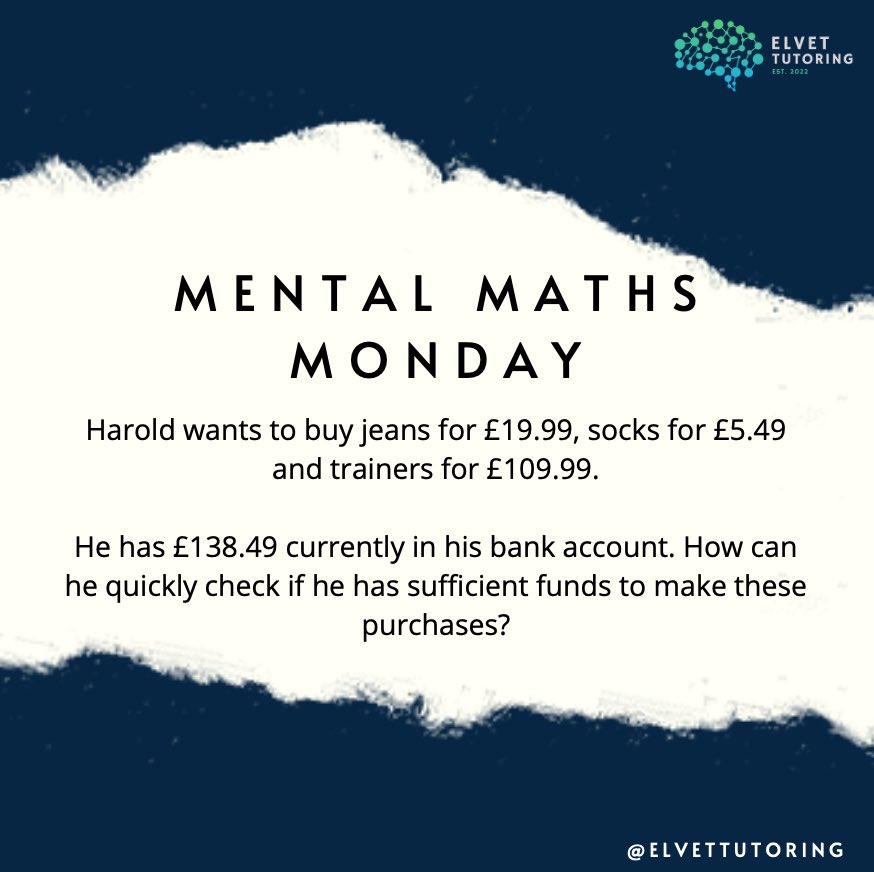 ElvetTutoring's tweet photo. Apologies for the late post this week, even exams can get the best of us!

Comment your answers below 🧠

#mentalmathsmonday #mentalmath #mentalmaths #tutoring #learning #elvettutoring https://t.co/oCmUhx2pTP
