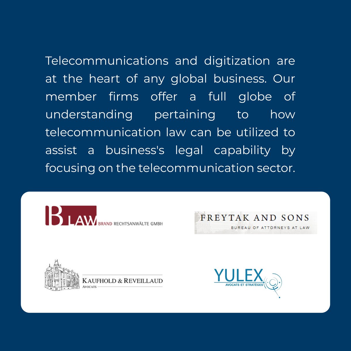 interlegalnet's tweet photo. Our member firms offer a full globe of understanding pertaining to how telecommunication law can be utilized to assist a business's legal capability by focusing on the telecommunication sector.
- Brand Rechtsanwälte GmbH
- @FreytakandSons 
- @KaufRev  
- @YULEX_MTL https://t.co/h7t6ZLJThC