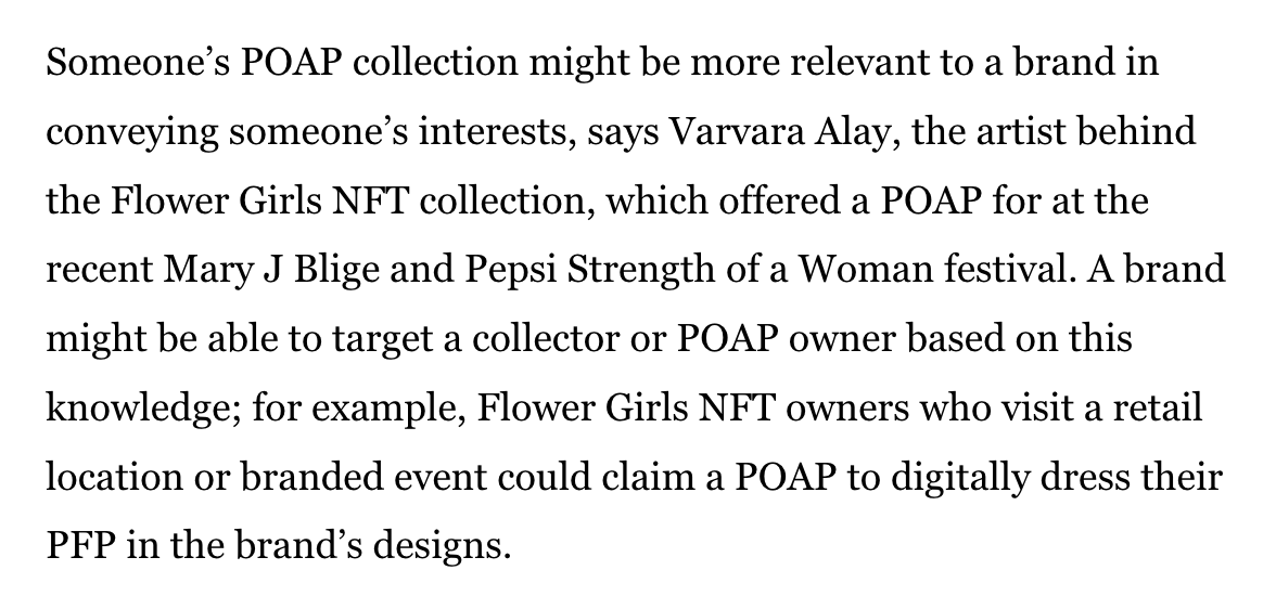 FlowerGirlsNFT's tweet photo. Featured 🗞️

@VarvaraAlay speaks to @voguebusiness about POAPS &amp; her collaboration with @pepsi x @maryjblige for  @SOAWFest in this great new article! 

Spot the Flower Girls mentions 🌸 Thank you for another fantastic write-up @maghanmcd ✨

Read more:  https://t.co/9As084UqY5 https://t.co/34UdJFBXOg