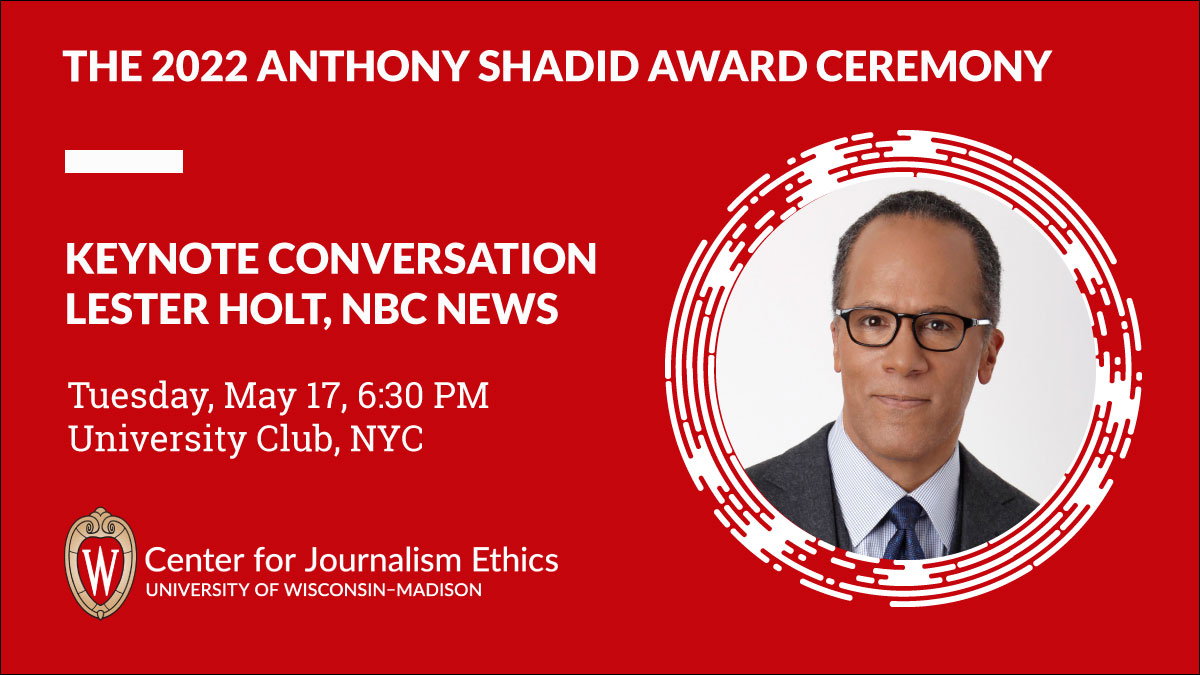 UWJournEthics's tweet photo. Tonight, we honor @mjcontrera w/ the 2022 #Shadid Award in NYC. The program will feature a keynote conversation w/ @LesterHoltNBC of @NBCNews moderated by @davidmaraniss. Register here: https://t.co/Oj9OEkHWhm https://t.co/AmFcmoTiHd