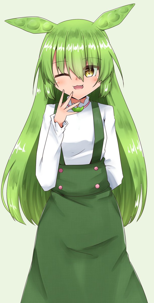 1girl green hair one eye closed solo long hair yellow eyes long sleeves  illustration images