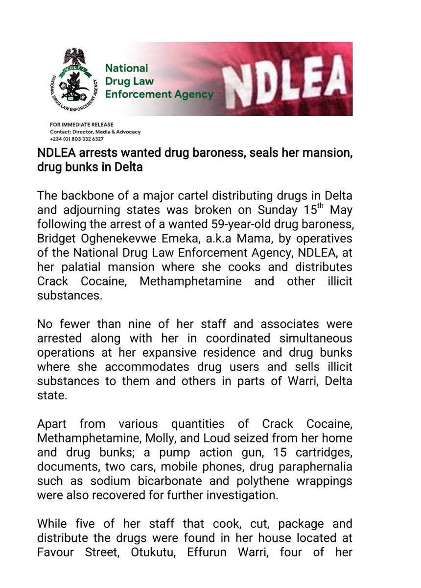 ndlea_nigeria's tweet photo. NDLEA arrests wanted drug baroness, seals her mansion, drug bunks in Delta https://t.co/qBx5trWhTt
