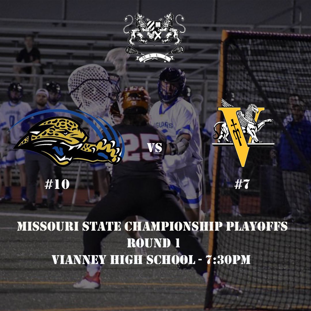It’s #GAMEDAY and it’s the biggest one of the year! Your #10 Jags travel to #7 Vianney for Round 1 of the <a href="/MOLacrosse/">Missouri Lacrosse</a> State Championship Playoffs! 

🗓: 5/17/2022
⏰: 7:30PM
📍: Saint Louis, Missouri 
🏟: Don Heeb Field - Vianney HS 
📺: YouTube/TimeAndSpaceProductions 

#GoJags
