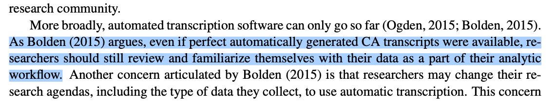 HI_Lab_Tufts's tweet photo. @ProfGene @saul @TheRealMUmair @therealjmertens @dnd_journal We are aware of that, Gene. Using GailBot does not prevent researchers to code parts of their data by hand. https://t.co/Ul5U6SpqaT