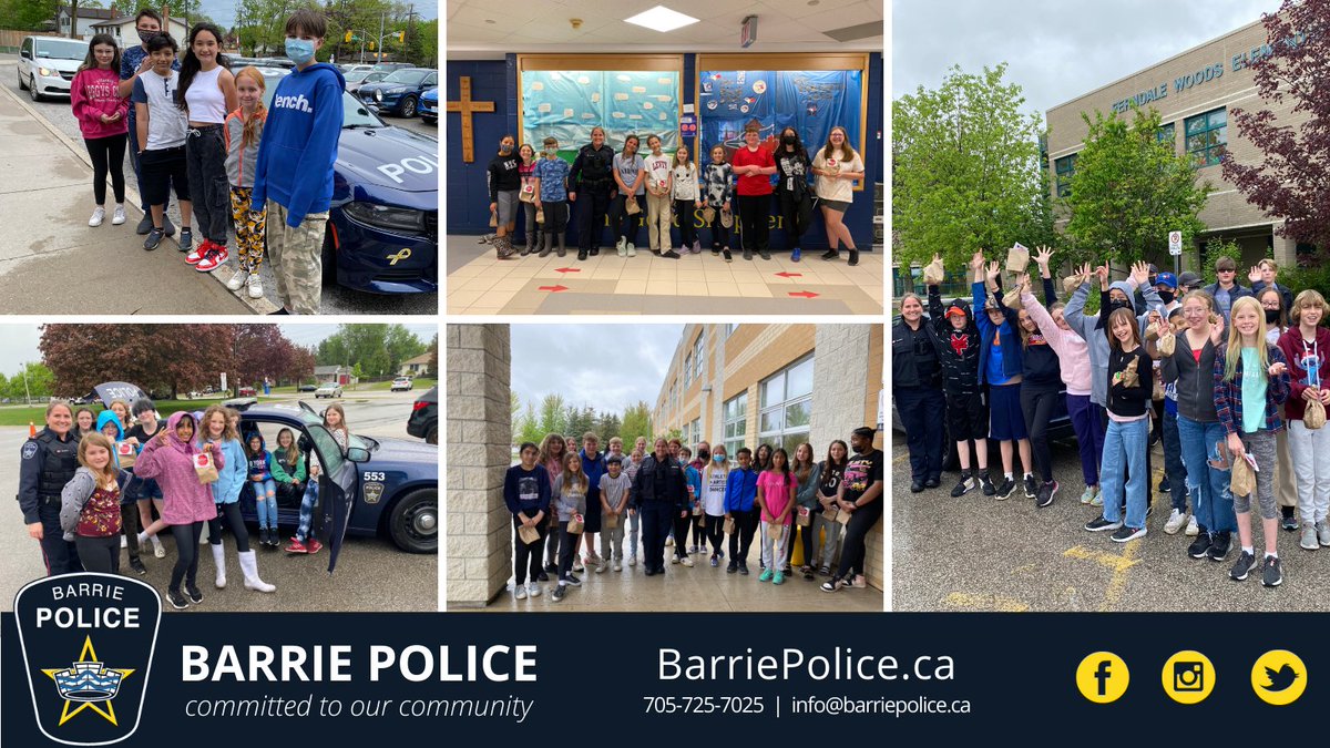 BarriePolice's tweet photo. A big THANK YOU to all our safety patrollers who work throughout the school year to help keep students safe while travelling to school! Officer Julie visited schools across Barrie yesterday to thank the patrollers and drop off surprise packs! #PoliceWeek2022 https://t.co/s2z4laz7Ix