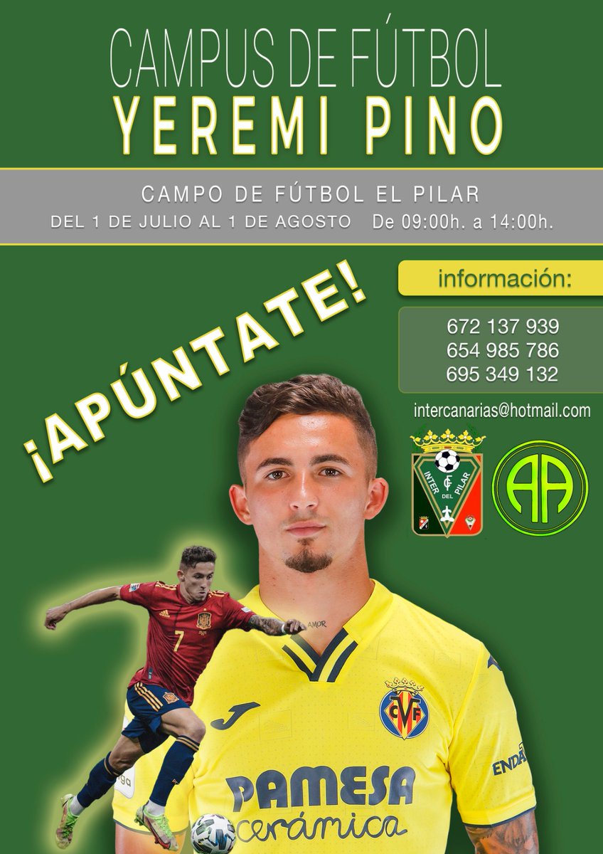 Inter del pilar cf (@interdelpilarcf) on Twitter photo ¡ YA ES OFICIAL ! nuestro campus de verano no dudes en apuntarte también informar que tendremos la presencia del jugador del <a href="/VillarrealCF/">Villarreal CF</a> <a href="/santos_yeremy/">yeremy jesús pino santos 🇮🇨</a>
¡ TE ESPERAMOS ! ❤🖤💚⚽️💪🏾 ¡ YA ES OFICIAL ! nuestro campus de verano no dudes en apuntarte también informar que tendremos la presencia del jugador del <a href="/VillarrealCF/">Villarreal CF</a> <a href="/santos_yeremy/">yeremy jesús pino santos 🇮🇨</a>
¡ TE ESPERAMOS ! ❤🖤💚⚽️💪🏾
