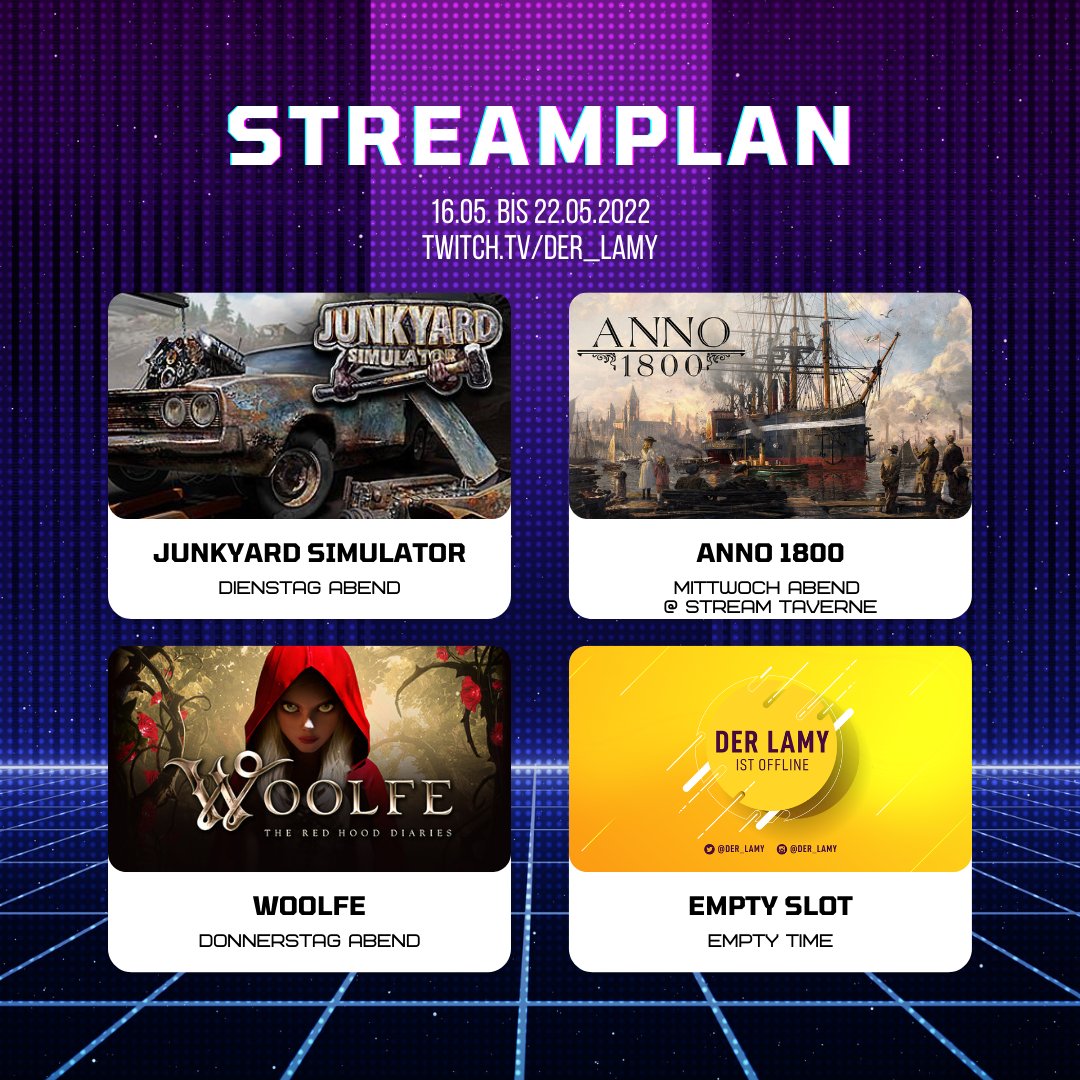 Der_Lamy's tweet photo. Nachdem es in der vergangenen Woche ein paar Probleme gab, gibt es diesmal den gleichen Plan wie letzte Woche.
16.05. bis 22.05.2022
💜 https://t.co/g7knRyAxBQ
👾 #twitch #stream #gamingsociety #JunkyardSimulator #Anno1800 #Woolfe https://t.co/FsajfIRNfu