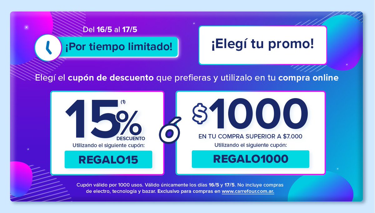 Ahorrando  🇦🇷 on Twitter: "Carrefour 2 cupones de descuento para usar en online: 15% de 👉 REGALO15 $1000 de descuento en compra a $7000 👉 REGALO1000 Vigencia: