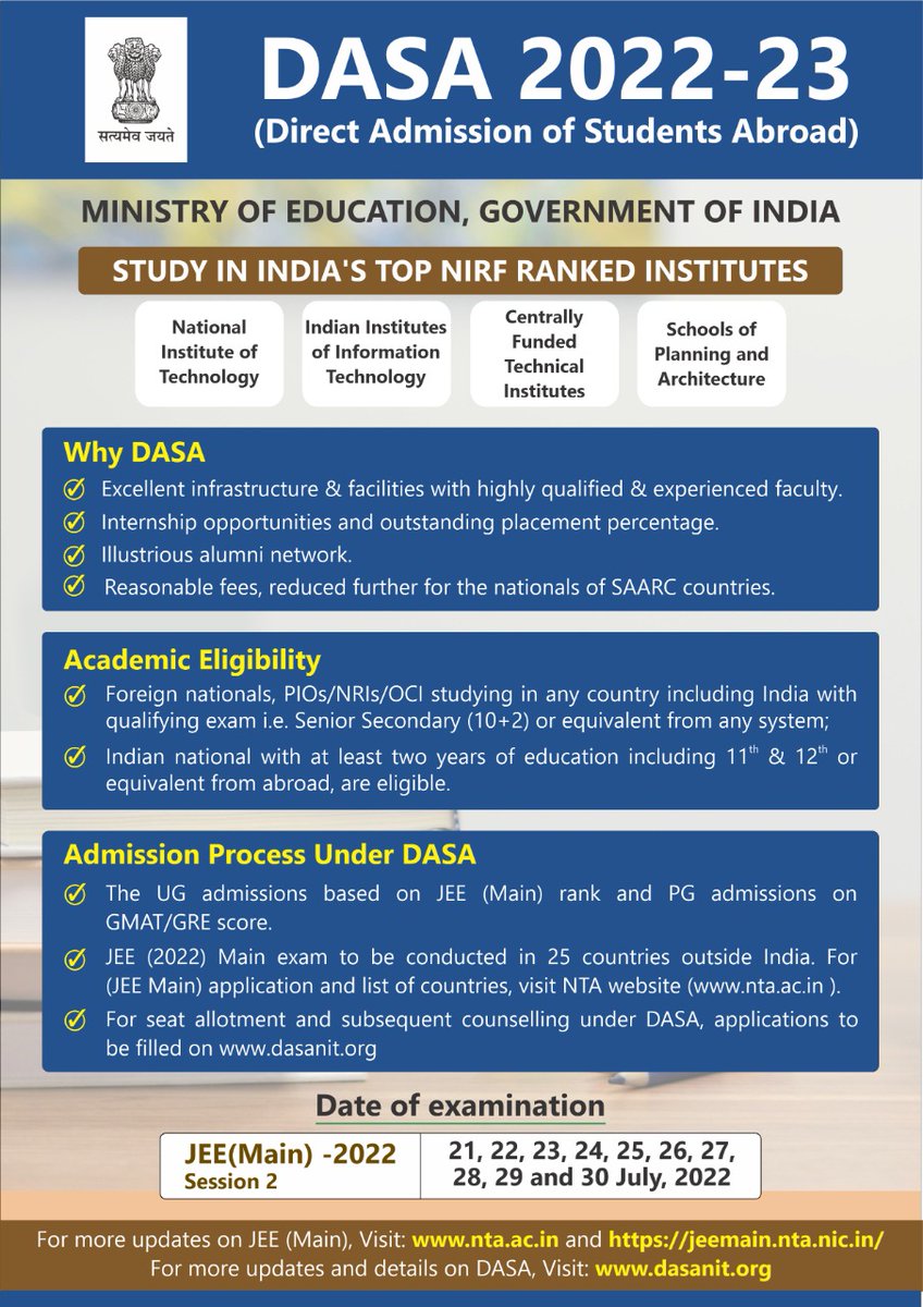 IndembAbuDhabi's tweet photo. Boon for Indian students and foreign nationals! 15% of total seats at NITs, IIITs, &amp; centrally funded technical institutions (except IITs) now open. With an attractive fee structure, 3900 Undergraduate and 1300 PG seats will be available  under DASA Scheme. Apply now! https://t.co/RYMWbwZIXn