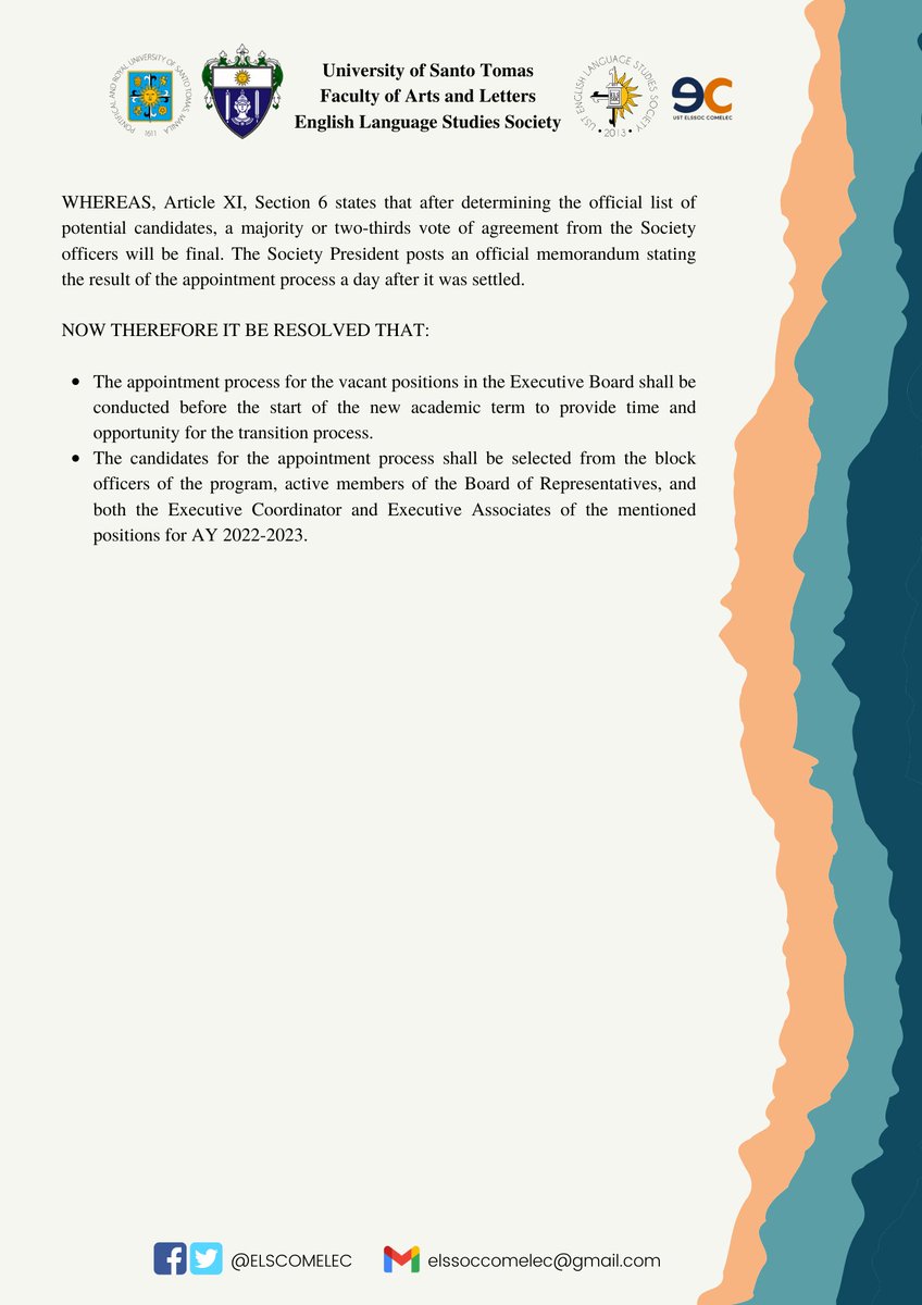 ELSCOMELEC's tweet photo. RESOLUTION NO. 06
SERIES OF 2021-2022

TO: All Members of The UST English Language Studies Society
FROM: Chairperson and Vice Chairperson, Electoral Committee
DATE: May 17, 2022
SUBJECT: Appointment for Vacant Positions in the Executive Board https://t.co/ItjSdhBKkf