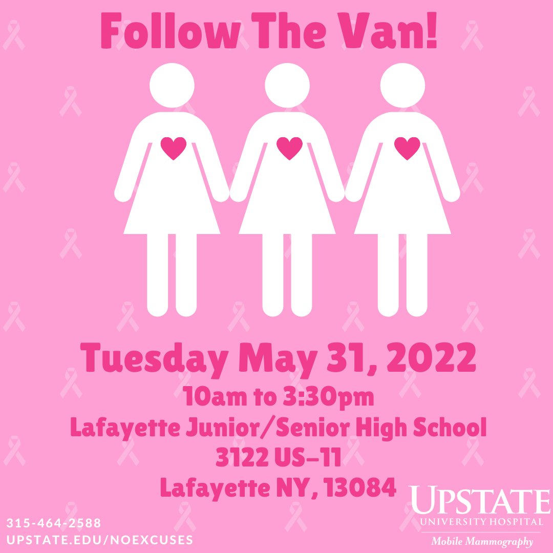 We're heading back to #LafayetteNY on May 31st, this time at the @lafayettecsd High School!
Screenings are open to women age 40+ in the area, with or without insurance.

Appointments & info: upstate.edu/noexcuses or 315-464-2588

#cny #onondagacounty #onondagacountyny #onondaga