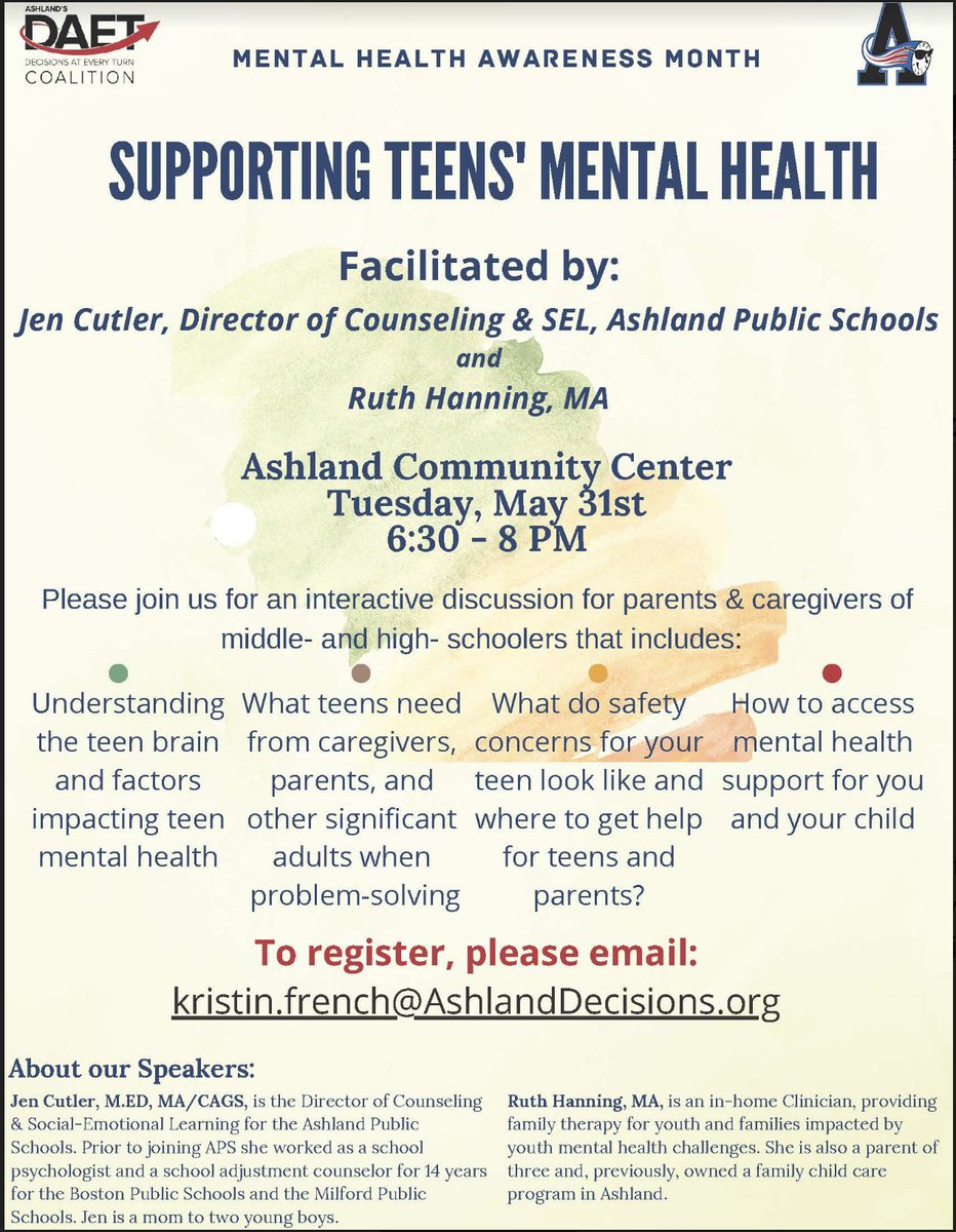 Tuesday, May 31st, Ruth Hanning and I will be providing an interactive in-person workshop on supporting teens' mental health. I hope you will join us, please email kristin.french@AshlandDecisions.org to register. #MentalHealthAwarenessMonth